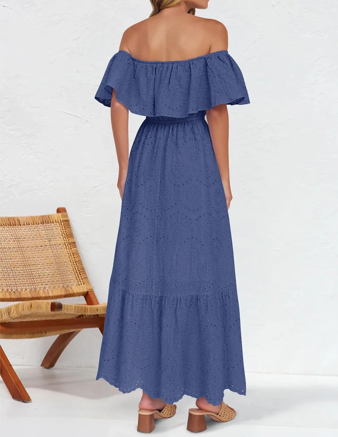 ZESICA Women's 2025 Summer Off Shoulder Ruffle Midi Dress Short Sleeve High Waist Hollow Out Embroidery Party Dresses