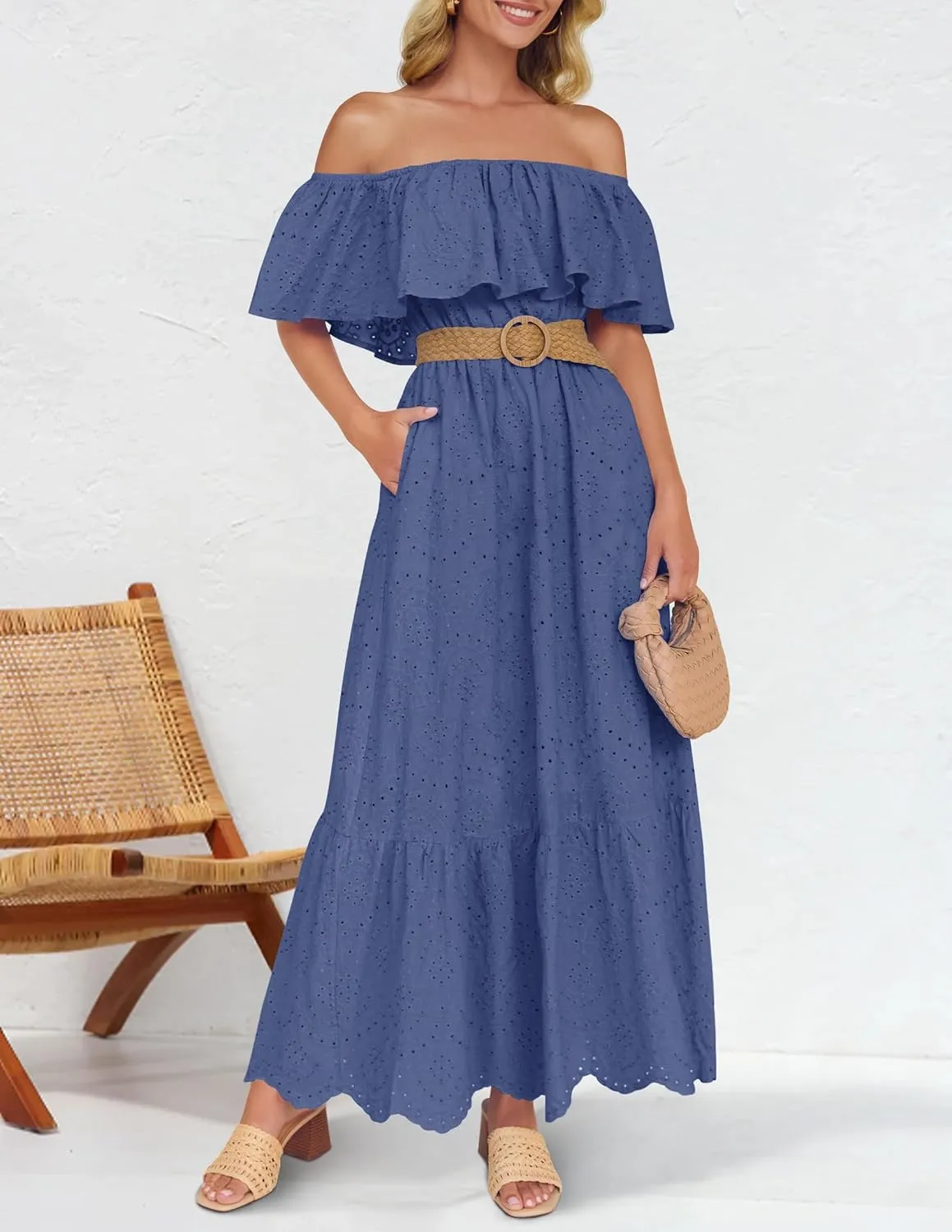 ZESICA Women's 2025 Summer Off Shoulder Ruffle Midi Dress Short Sleeve High Waist Hollow Out Embroidery Party Dresses